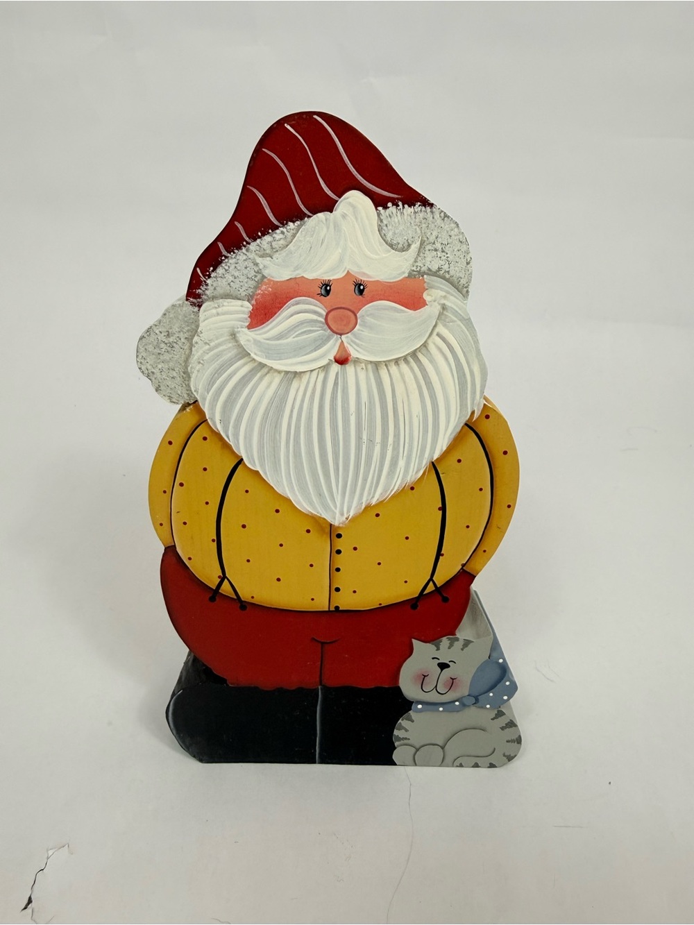Handpainted Santa Figurine with Cat - Red Hat, Yellow Coat Wood VTG